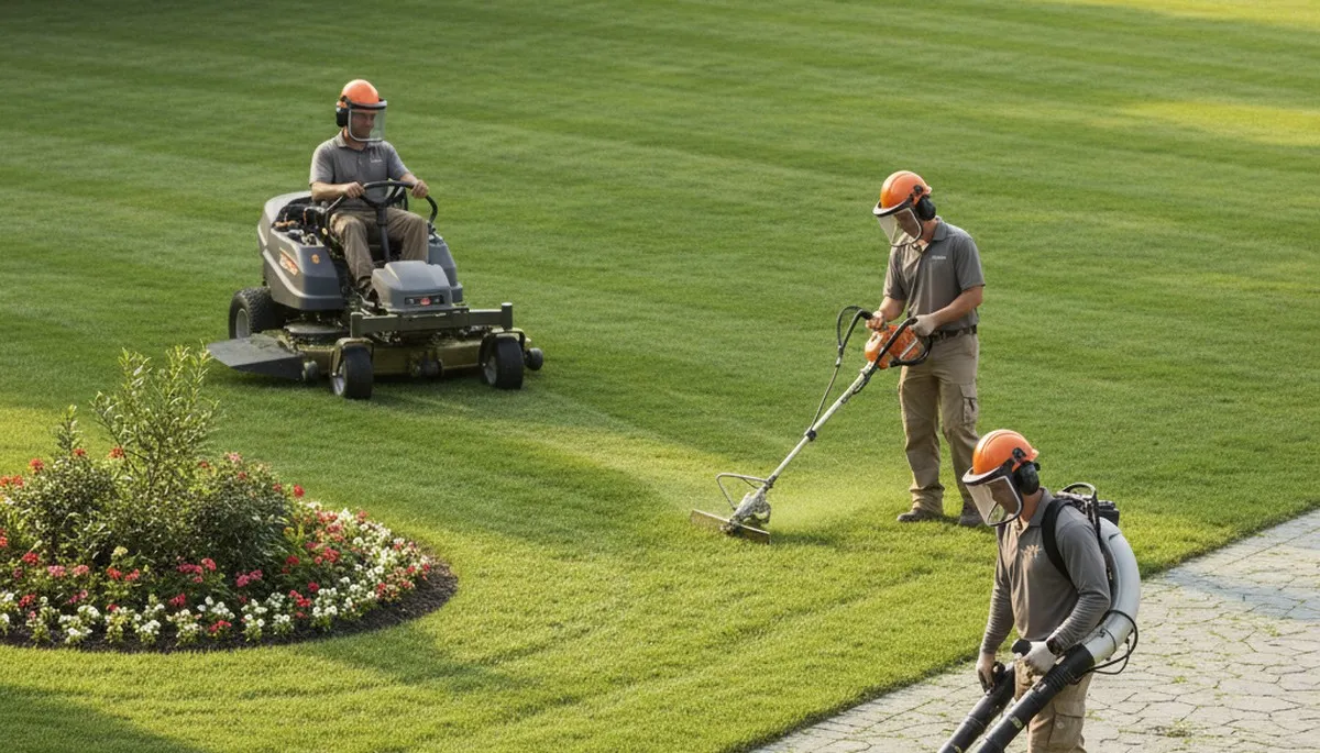 Columbus, OH tree service crew providing arbor care and lawn maintenance for a tidy, healthy yard