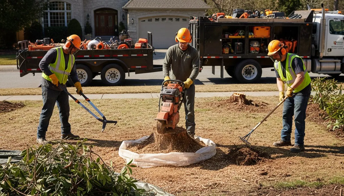 Columbus, OH tree service crew removing overgrown shrubs from a residential yard