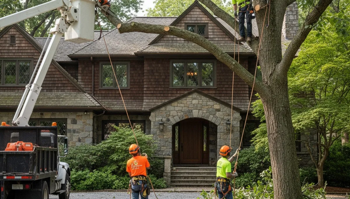 Tree service crew removing a tree in Columbus, OH for safe residential property clearance