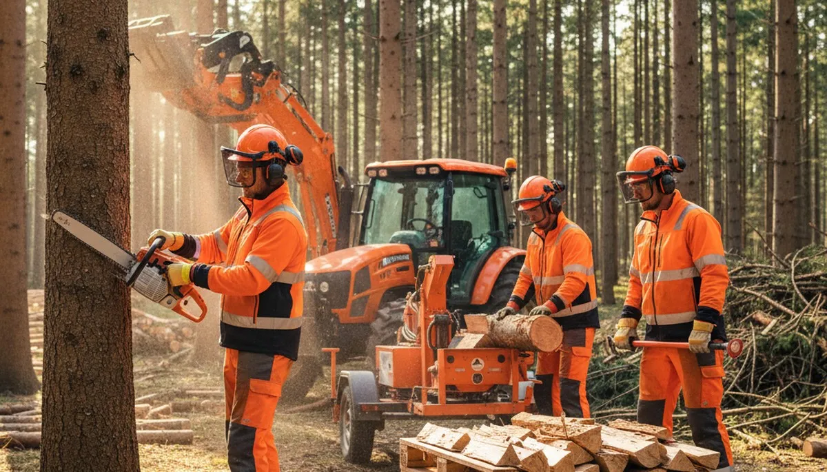 Woodlot management crew in Columbus, OH clearing wooded acreage for safer, healthier trees